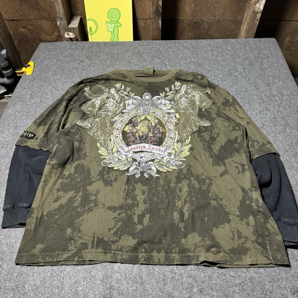 VTG Y2K Brooklyn Express Thermal Lined Tshirt AOP Size XXL Grunge Goth Rave Punk